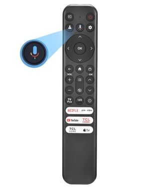 TCL Remote Control — Black with White App Buttons and Red Accents